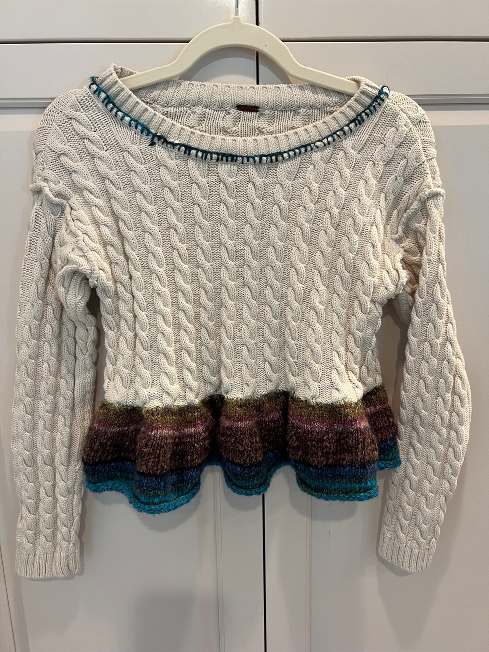 Free People Cream Cable-Knit Sweater with Multicolor Hem XS